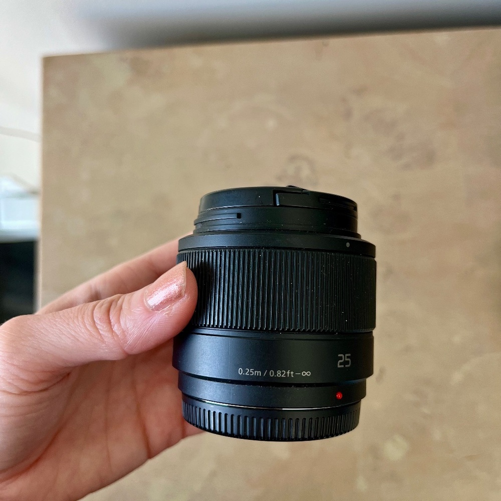 Lumix G 25mm f/1.7 lens (with hood and ring)